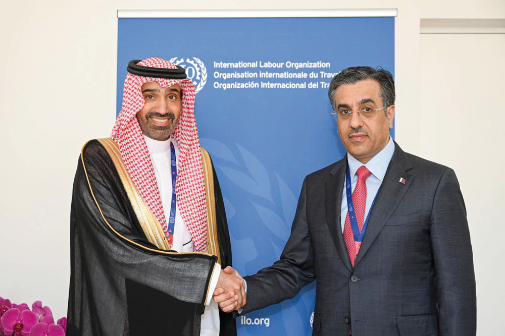 Minister of Labour and President of the International Labour Conference H E Dr. Ali bin Smaikh Al Marri with Minister of Human Resources and Social Development in the Kingdom of Saudi Arabia H E Engineer Ahmad bin Sulaiman AlRajhi during the meeting. 