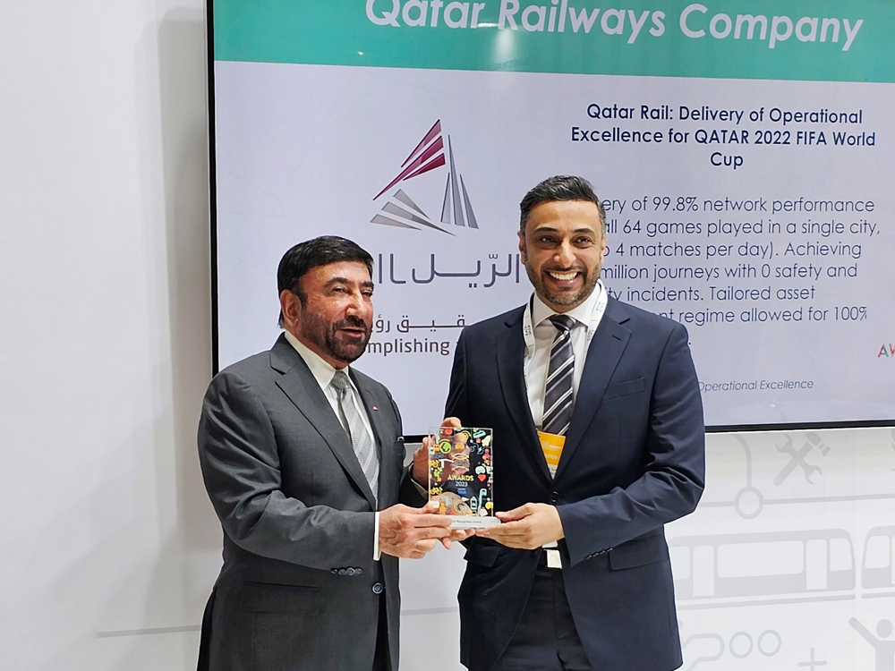 A Qatar Rail official receiving Middle East and North Africa Recognition Award  in Barcelona, Spain.
