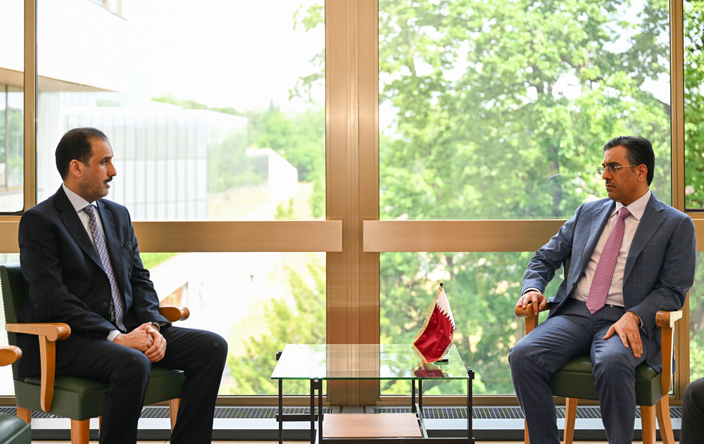 Minister of Labour and President of the 111th session of the International Labour Conference H E Dr. Ali bin Smaikh Al Marri with Director General of the Arab Labour Organization H E Fayez Ali Al Mutairi during their meeting in Geneva.