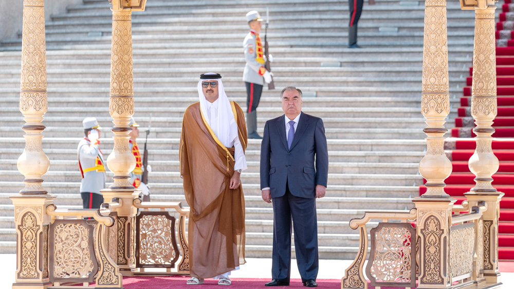 Amir H H Sheikh Tamim bin Hamad Al Thani with the President of Tajikistan Emomali Rahmon during an official reception ceremony at the Palace of the Nation in Dushanbe. 