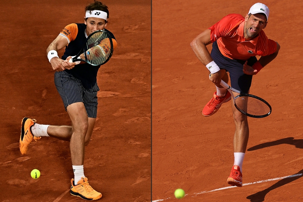 This combination of files pictures created on June 10, 2023 shows Norway's Casper Ruud playing a backhand return to Denmark's Holger Rune during their men's singles quarter final match in Paris on June 7, 2023 and Serbia's Novak Djokovic serving to Russia's Karen Khachanov during their men's singles quarter final match on day ten of the Roland-Garros Open tennis tournament. (Photo by Julien De Rosa and Thomas Samson / AFP)