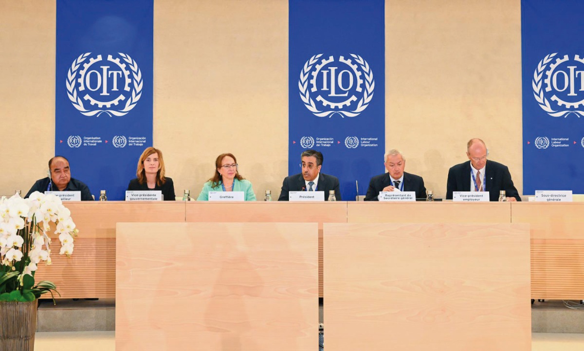 Minister of Labour H E Dr. Ali bin Smaikh Al Marri chairing the tenth plenary session of the International Labour Conference (ILC) at its 111th session.