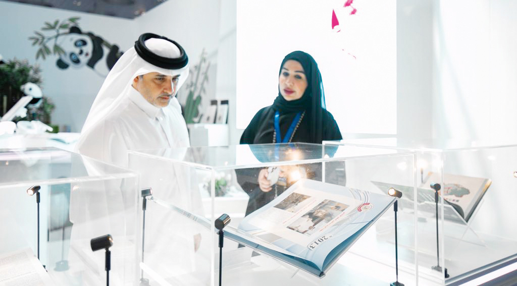 Minister of Municipality H E Dr. Abdullah bin Abdulaziz bin Turki Al Subaie during his visit to the Doha International Book Fair yesterday.