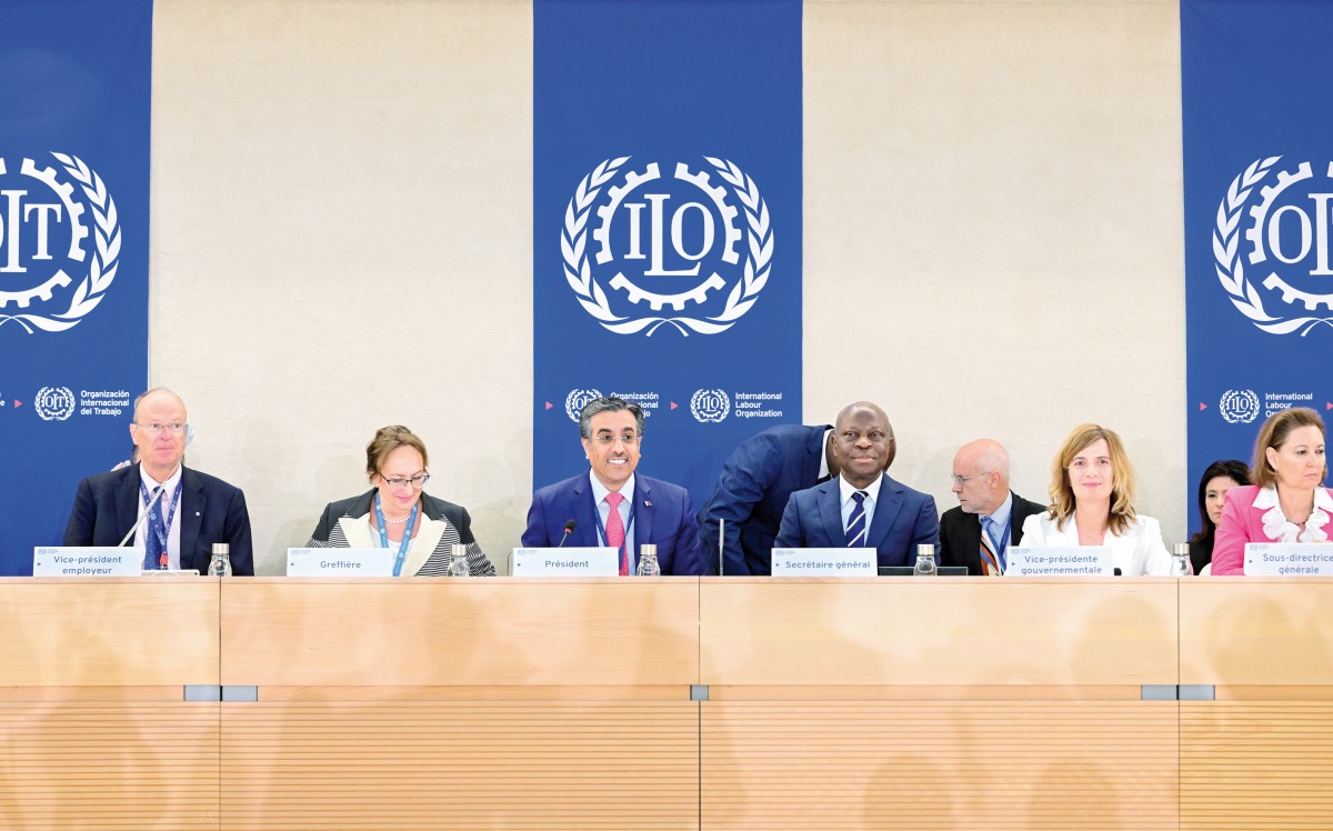 Minister of Labour and President of the 111th International Labour Conference H E Dr. Ali bin Smaikh Al Marri (third left) chairs the World of Work Summit, in Geneva, yesterday.