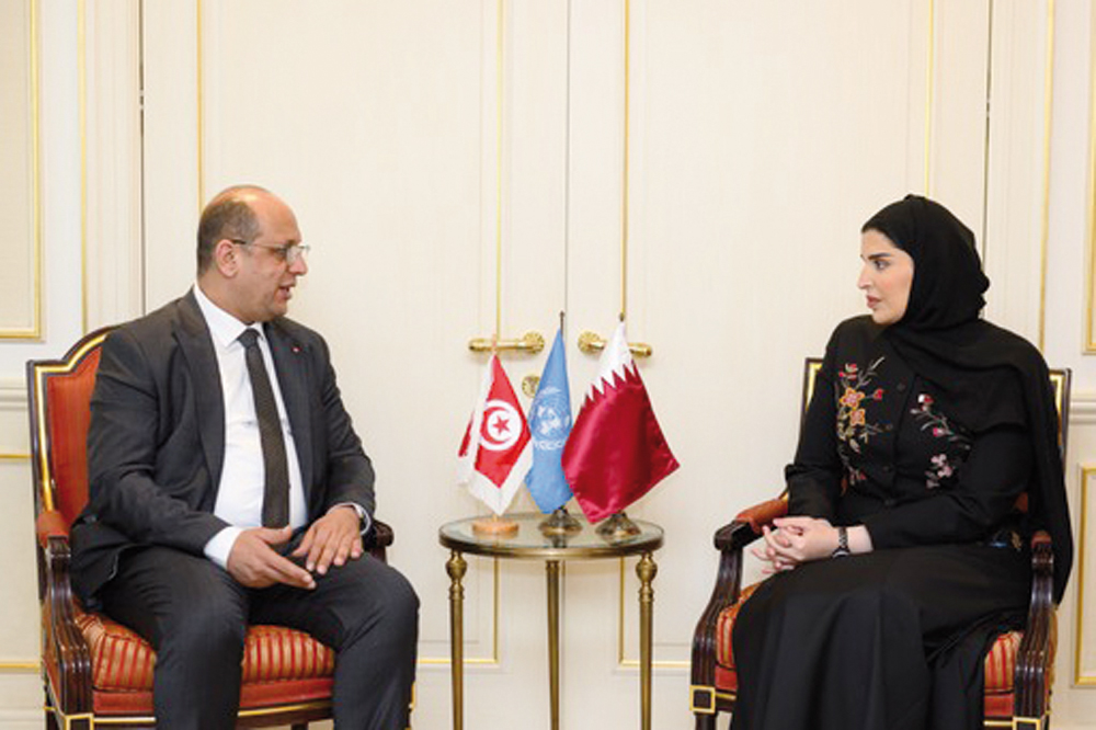 Minister of Social Development and Family H E Maryam bint Ali bin Nasser Al Misnad meeting with Minister of Social Affairs of the Republic of Tunisia H E Malek Zahi.