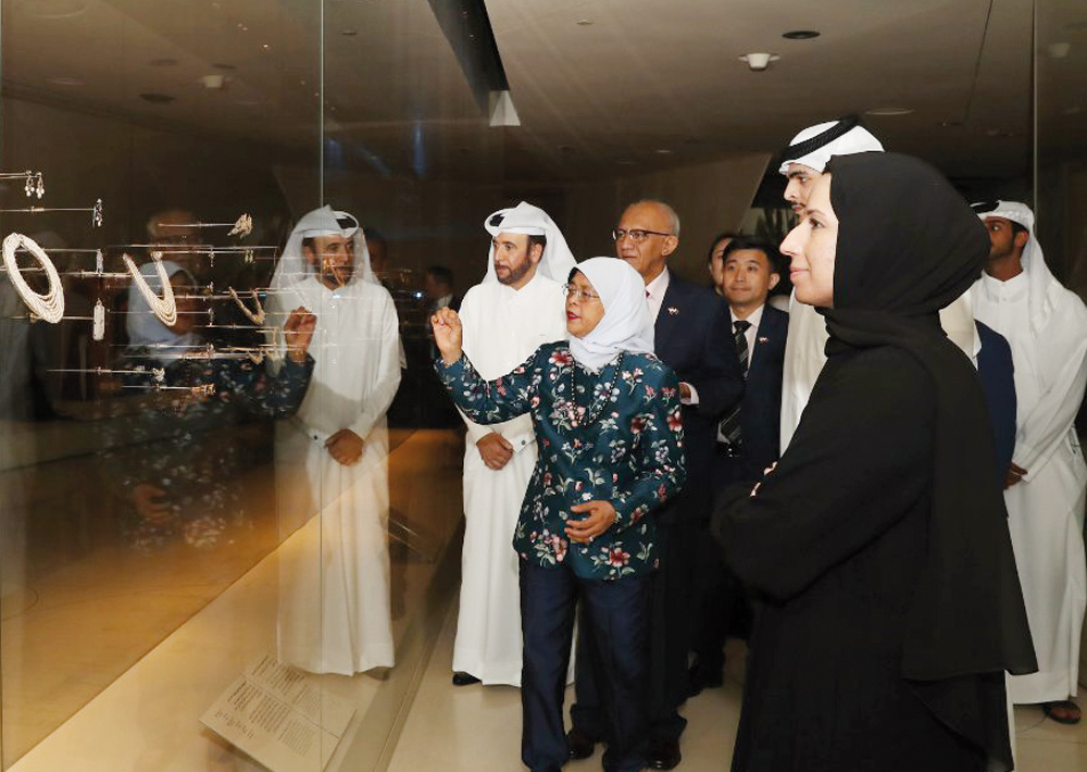 President of Singapore H E Halimah Yacob accompanied by Minister of Education and Higher Education H E Buthaina bint Ali Al Jabr Al Nuaimi visiting the National Museum of Qatar.  
