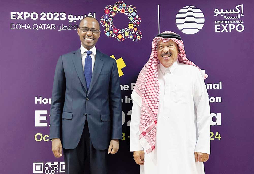 Ambassador of Rwanda to Qatar H E Igor Marara  poses with the Commissioner-General of Expo Doha 2023-2024 H E Ambassador Bader Omar Al Dafa.