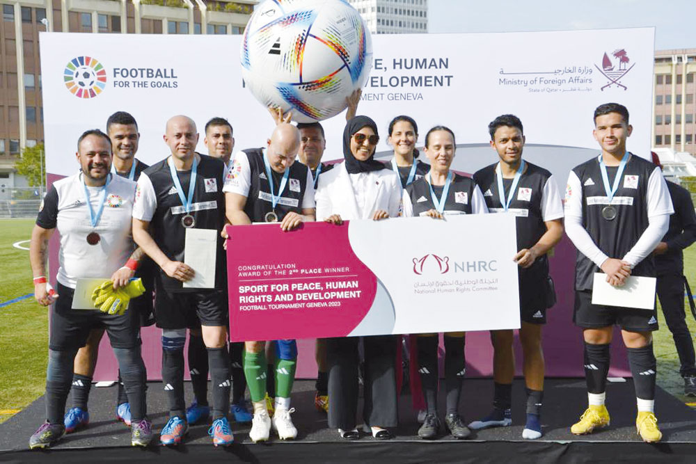 Permanent Representative of the State of Qatar to the UN Office in Geneva H E Dr. Hend bint Abdalrahman Mohamed Al Muftah, FIFA President Gianni Infantino, and others at the event.