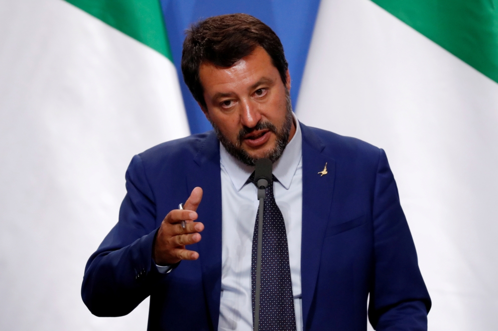 FILE PHOTO: Italian Deputy Prime Minister Matteo Salvini speaks during a joint news conference with Hungarian Prime Minister Viktor Orban in Budapest, Hungary May 2, 2019. REUTERS/Bernadett Szabo

