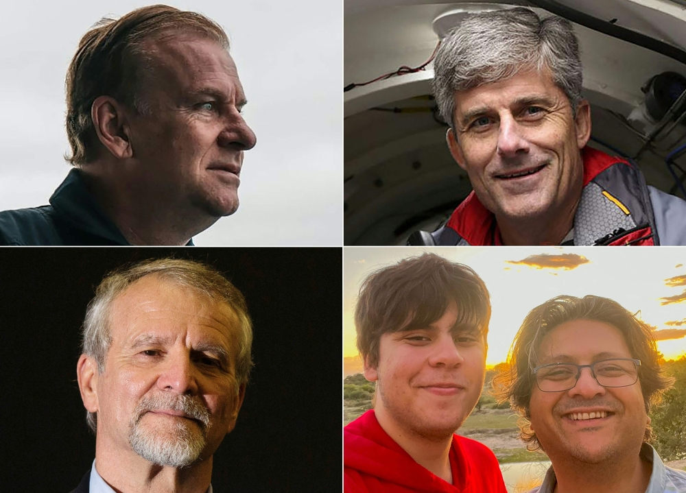 This combination of pictures created on June 21, 2023 shows titan submersible passengers (L-R, top to bottom) Hamish Harding, in an image courtesy of Dirty Dozen Productions, ahead of the 4am start of the RMS titanic Expedition Mission 5 on June 18, 2023. A portrait courtesy of OceanGate Expeditions of their CEO and founder Stockton Rush. A May 31, 2013, file photo of Paul-Henri Nargeolet, director of a deep ocean research project dedicated to the titanic, in Paris. An undated image courtesy of the Dawood Hercules Corporation released on June 20, 2023, of Suleman Dawood and his father Shahzada Dawood, vice-chairman of Karachi-headquartered conglomerate Engro. (Photo by Joël SAGET and Handout / various sources / AFP)

