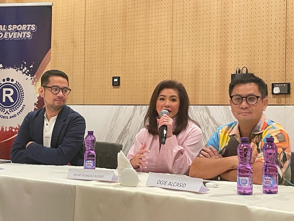 Regine Velasquez-Alcasid (centre), Ogie Alcasid (right) and Royal Sports and Events CEO, Jonar Paz (left) during a press conference at Embassy Suites Hotel, yesterday.