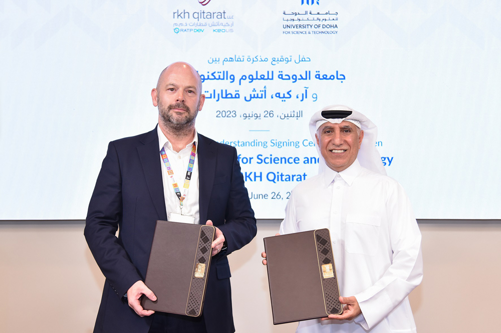 UDST President Dr. Salem Al Naemi (right), and CEO and Managing Director of RKH Qitarat Kevin Thomas at the signing event. 