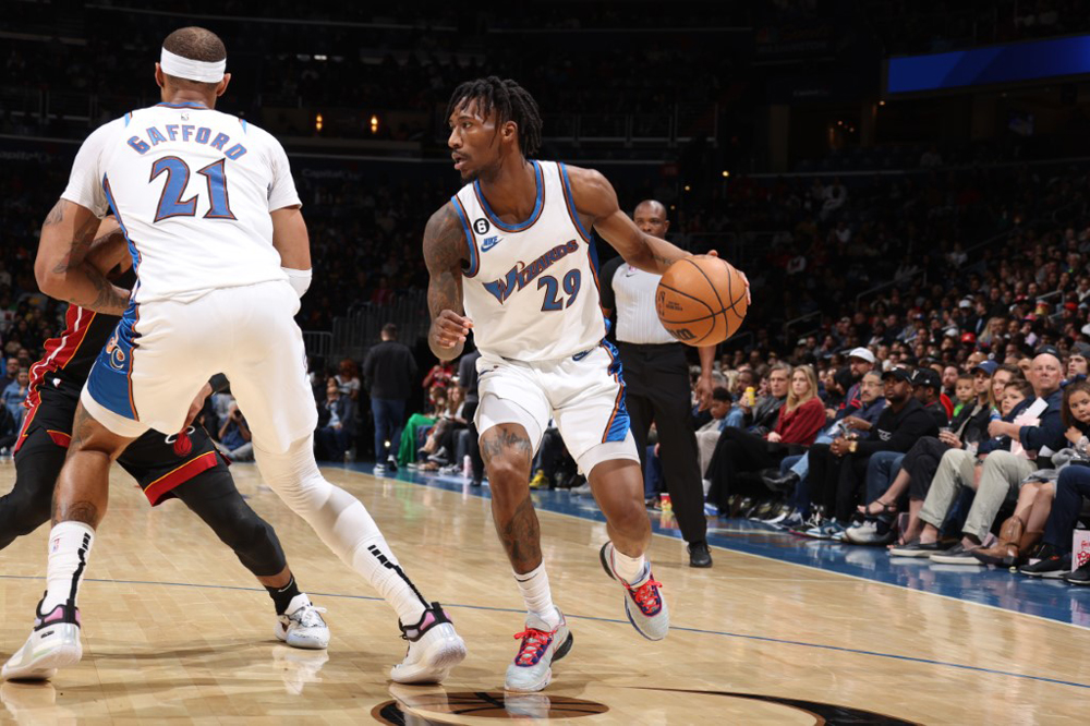 Quenton Jackson #29 of the Washington Wizards dribbles the ball during the game against the Miami Heat on April 7, 2023 at Capital One Arena in Washington, DC. (Photo by Stephen Gosling / NBAE / Getty Images / Getty Images via AFP)