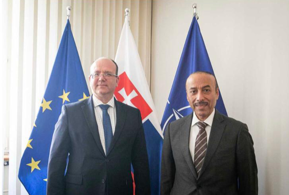 Slovakia's Minister of Foreign Affairs H E Miroslav Wlachovsky with Ambassador of Qatar H E Sultan bin Salmeen Al Mansouri.