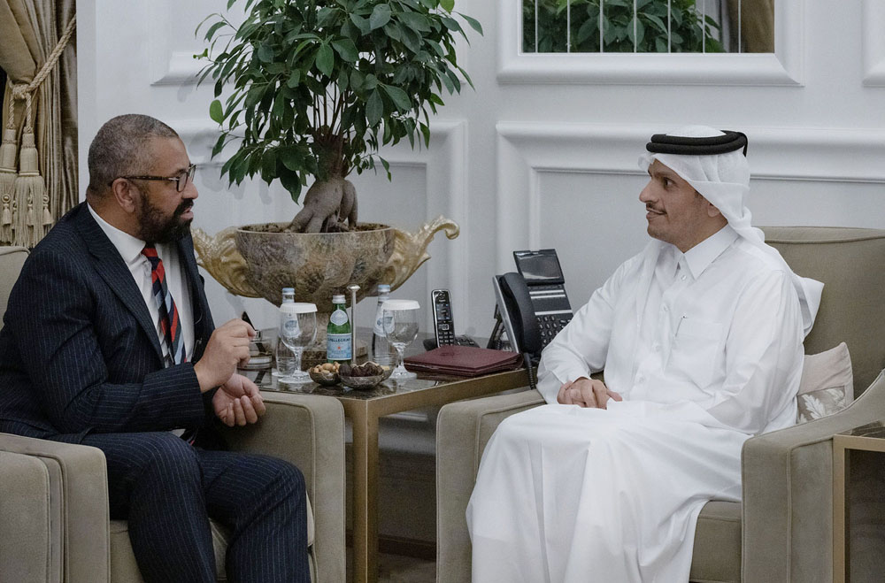 Prime Minister and Minister of Foreign Affairs H E Sheikh Mohammed bin Abdulrahman bin Jassim Al Thani meeting with Foreign Secretary of the United Kingdom H E James Cleverly yesterday.
