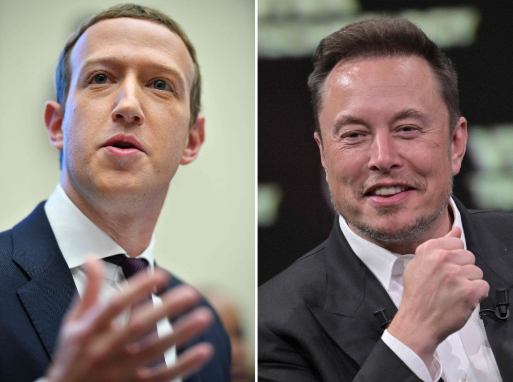 (COMBO/FILES) SpaceX, X (ex-Twitter) and electric car maker Tesla CEO Elon Musk at the Porte de Versailles exhibition center in Paris on June 16, 2023 (R) and Facebook founder Mark Zuckerberg testifying before the House Financial Services Committee in Washington, DC on October 23, 2019. (Photo by Mandel Ngan and Alain Jocard / AFP)
