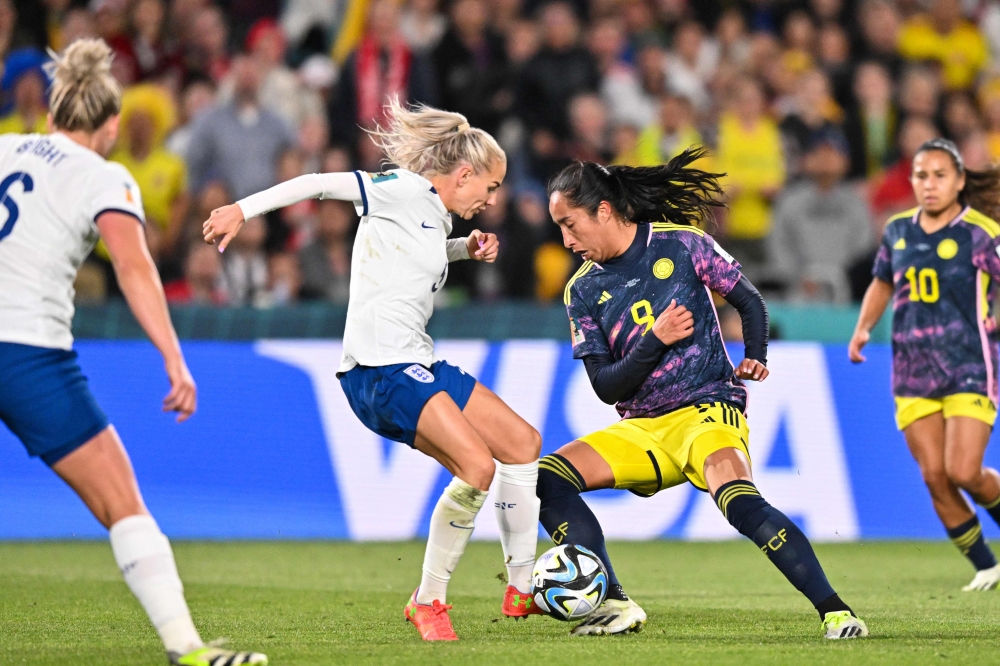 Colombia's forward #09 Mayra Ramirez controls the ball during the Australia and New Zealand 2023 Women's World Cup quarter-final football match between Colombia and England at Stadium Australia in Sydney on August 12, 2023. (Photo by Izhar Khan / AFP)