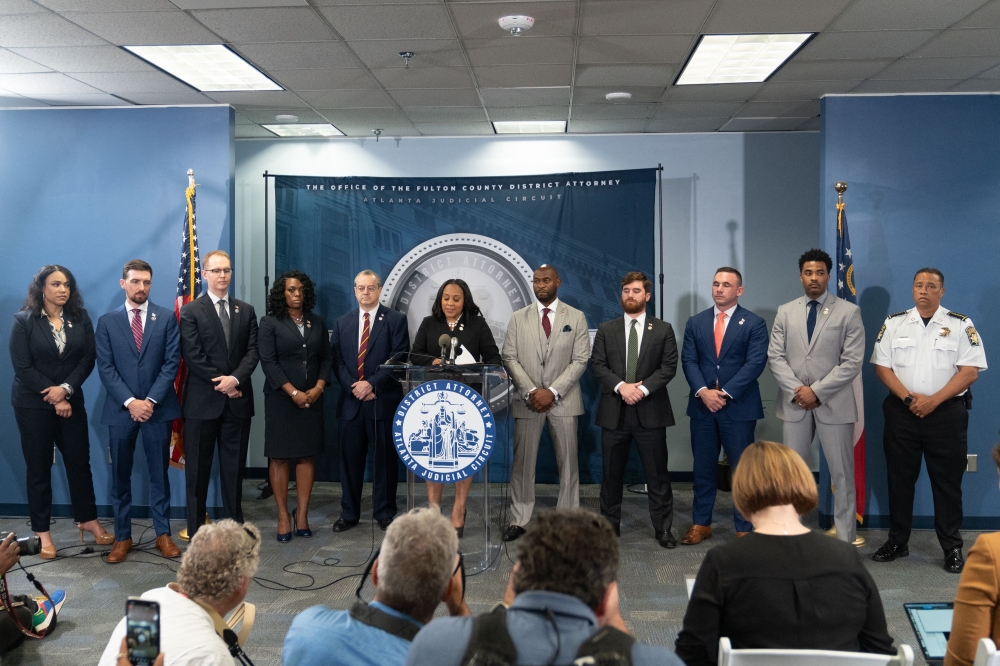 Fulton County District Attorney Fani Willis speaks during a news conference at the Fulton County Government building on August 14, 2023 in Atlanta, Georgia. Joe Raedle/Getty Images/AFP 