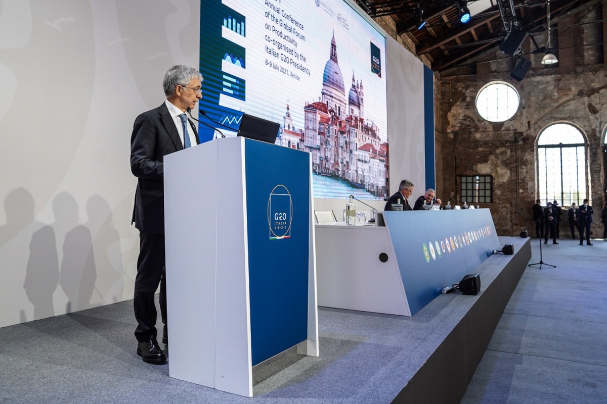 Italian Finance Minister Daniele Franco Mathias during the G20 Global Forum on Productivity. Source: Twitter/@g20org