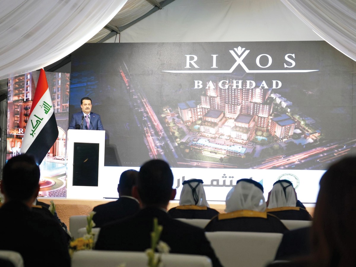 Iraqi Prime Minister H E Mohammed Shia Al Sudani addressing a ceremony to lay the foundation stone for a tourism complex in Baghdad being implemented by Qatar's Estithmar Holding.