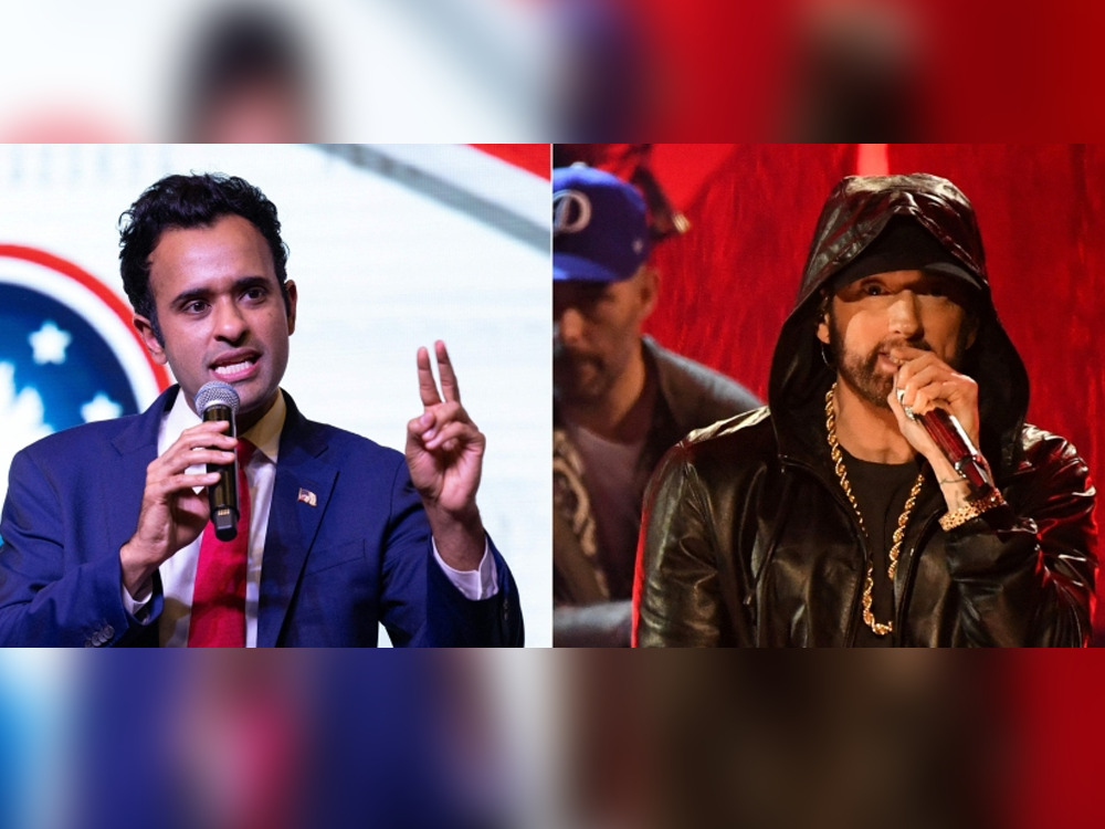 (COMBO) This combination of pictures created on August 28, 2023 shows entrepreneur and political activist Vivek Ramaswamy (L) speaking during the Vision 2024 National Conservative Forum at the Charleston Area Convention Center in Charleston, South Carolina, on March 18, 2023 and inductee US rapper Eminem performing on stage during the 37th Annual Rock and Roll Hall of Fame Induction Ceremony at the Microsoft Theatre on November 5, 2022, in Los Angeles, California. (Photo by Logan Cyrus and VALERIE MACON / AFP)
