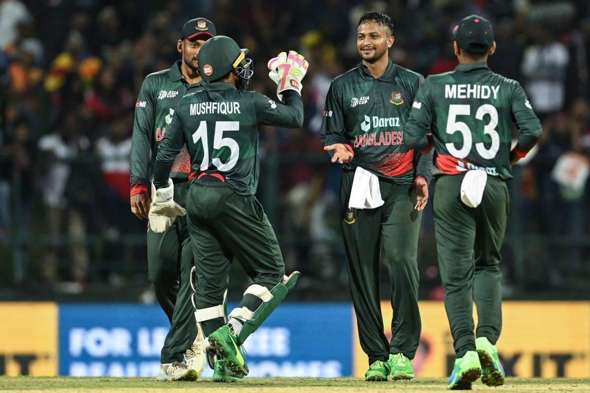 Bangladesh's captain Shakib Al Hasan (2R) celebrates with teammates during the Asia Cup 2023 one-day international (ODI) cricket match with Sri Lanka at the Pallekele International Cricket Stadium in Kandy on August 31, 2023. (Photo by Ishara S. Kodikara / AFP)