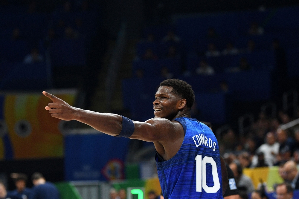US's Anthony Edwards gestures during the FIBA Basketball World Cup quarter-final match between US and Italy in Manila on September 5, 2023. Photo by Ted ALJIBE / AFP