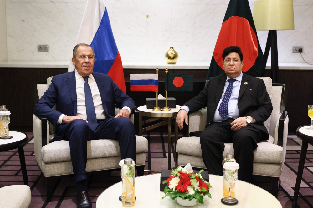 This handout picture taken and released by the Russian Foreign Ministry shows Russian Foreign Minister Sergei Lavrov meeting with his Bangladeshi counterpart AK Abdul Momen in Dhaka on Thursday. (Photo by Handout / Russian foreign ministry / AFP)