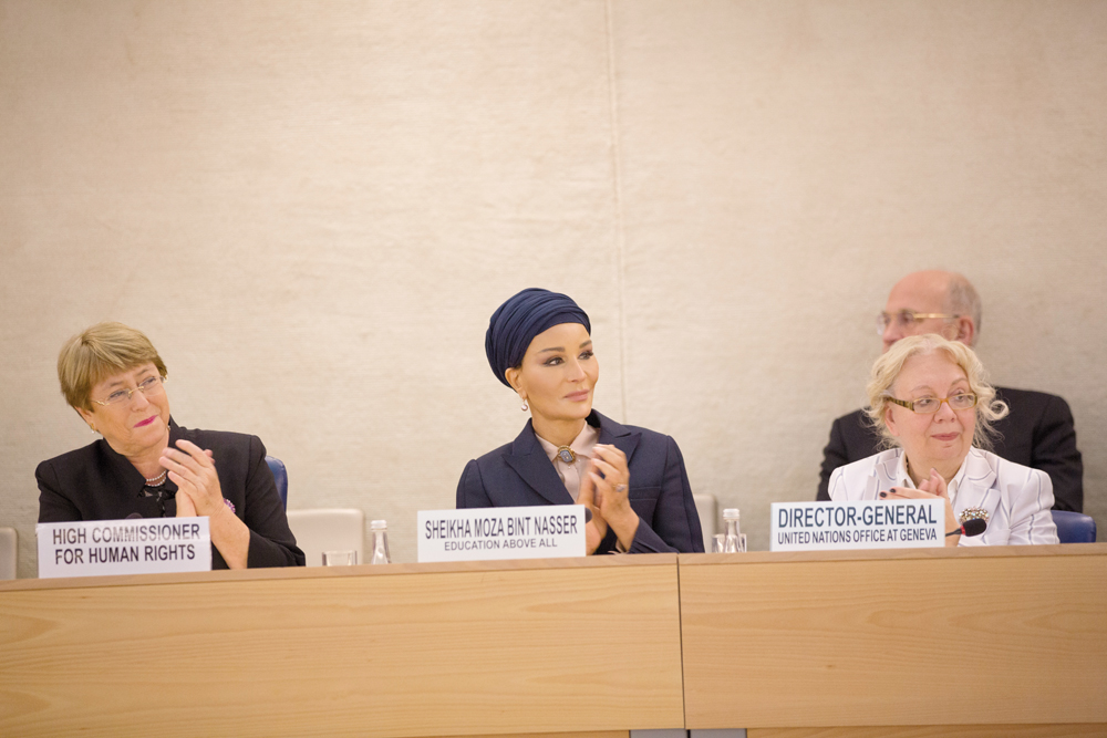 Her Highness Sheikha Moza bint Nasser, Chairperson of Education Above All, addressing the Social Forum of the Human Rights Council where she led a call to action for the protection of education in conflict through individual and collective efforts from the likes of governments to civil society. In response to the severity of the destruction witnessed in war zones, Her Highness also proposed setting an annual international day for the protection of education to keep this critical issue a global priority.
