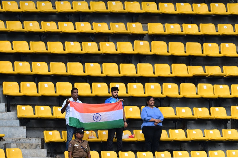 Empty stands before the start of the Asia Cup 2023 super four one-day international (ODI) cricket match between India and Pakistan at the R. Premadasa Stadium in Colombo on September 10, 2023. (Photo by Ishara S. KODIKARA / AFP)
