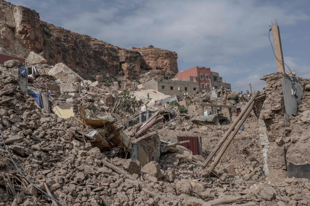 A general view shows the rubble of destroyed houses in the village of Imi N'Tala, near Amizmiz, on September 12, 2023. (Photo by Bulent Kilic / AFP)
