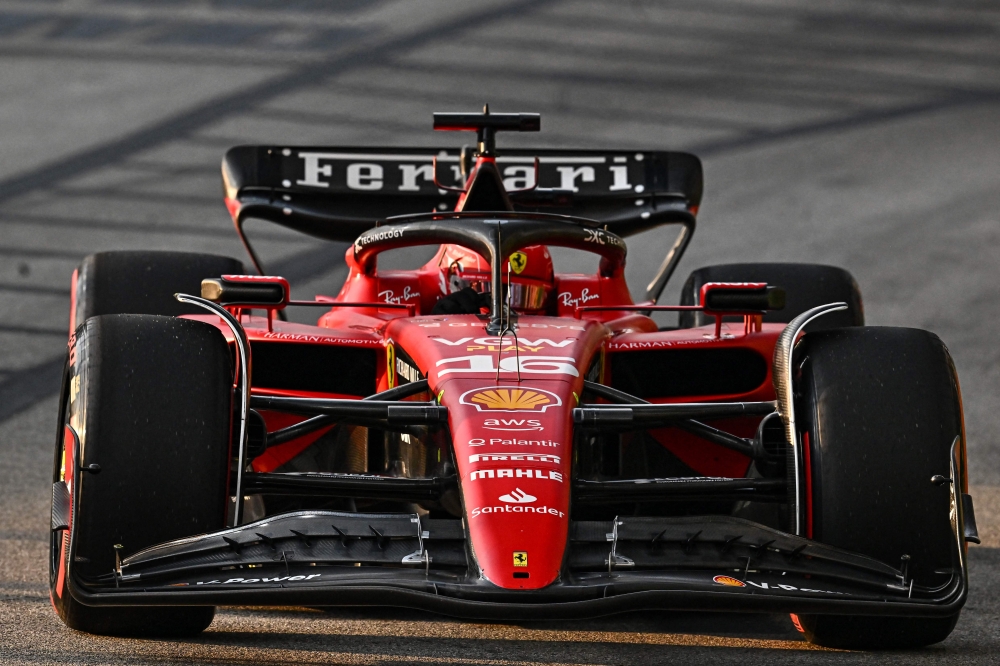 Ferrari's Monegasque driver Charles Leclerc drives during the first practice session of the Singapore Formula One Grand Prix night race at the Marina Bay Street Circuit in Singapore on September 15, 2023. Photo by Lillian SUWANRUMPHA / AFP