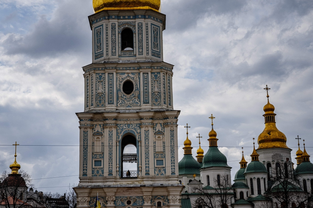 This photograph taken on April 8, 2023, shows a view of the bell tower of the Saint Sophia Cathedral in the centre of Kyiv, amid the Russian invasion of Ukraine. (Photo by Dimitar Dilkoff / AFP)
