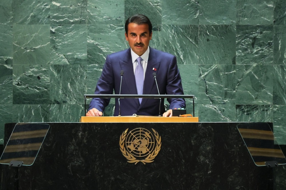 The Amir HH Sheikh Tamim bin Hamad Al Thani during the opening session of the 78th United Nations General Assembly at UN headquarters in New York City on Tuesday, September 19.

