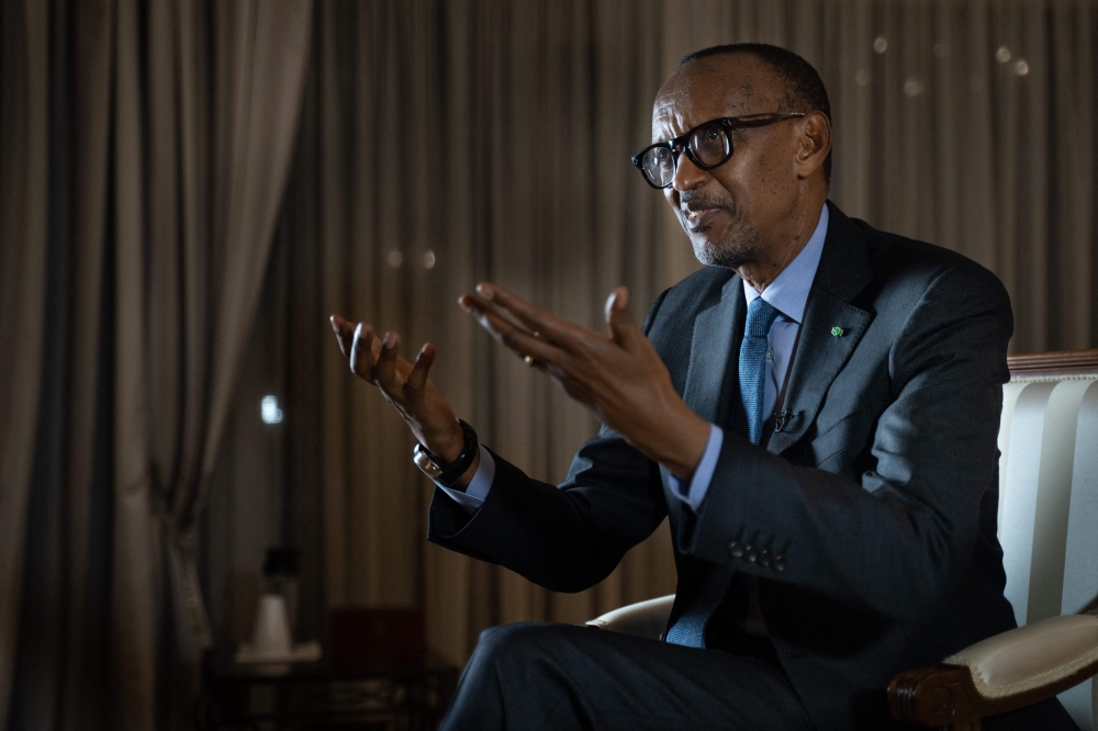Rwanda's President Paul Kagame speaks during an interview with international media at the presidency office in Kigali, on May 28, 2021. (Photo by Simon Wohlfahrt / AFP)