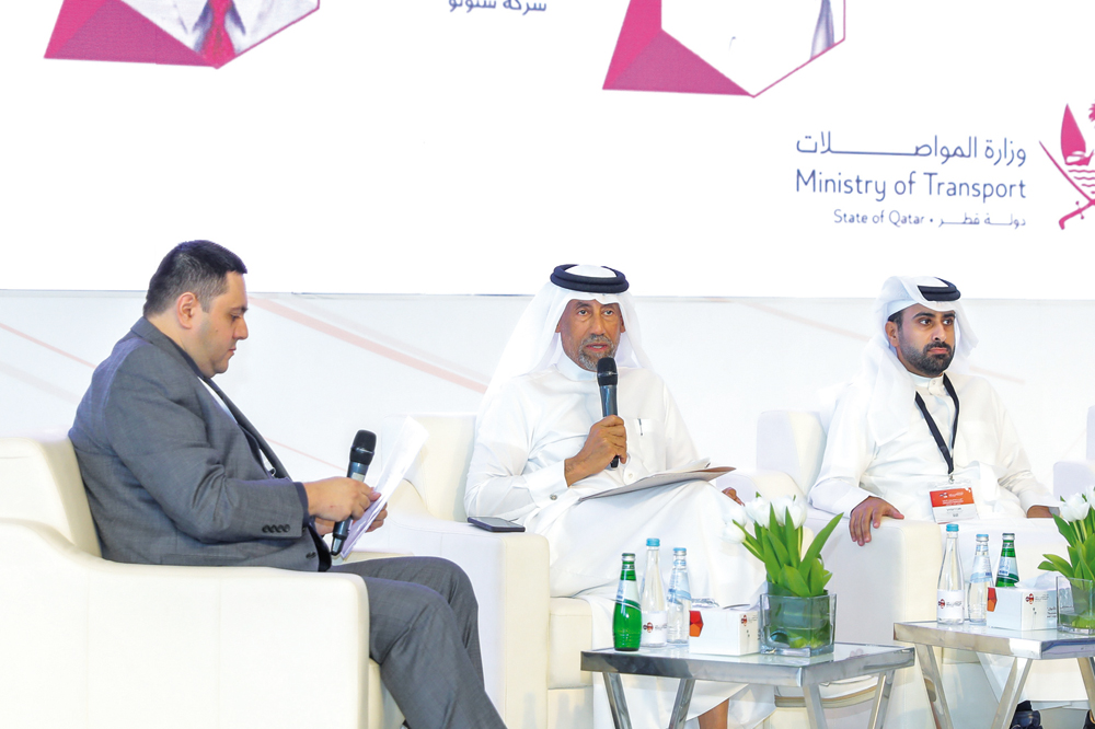 Board member of Qatar Chamber, Eng. Ali bin Abdullatif Al Misnad, with other officials speaking during the “Sustainable Transportation and Legacy for Generations” conference.