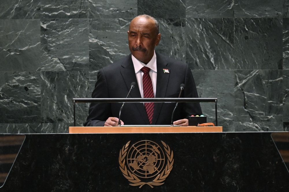 President of the Transitional Sovereignty Council of Sudan Abdel-Fattah Al-Burhan Abdelrahman Al-Burhan addresses the 78th United Nations General Assembly at UN headquarters in New York City on September 21, 2023. (Photo by Ed Jones / AFP)