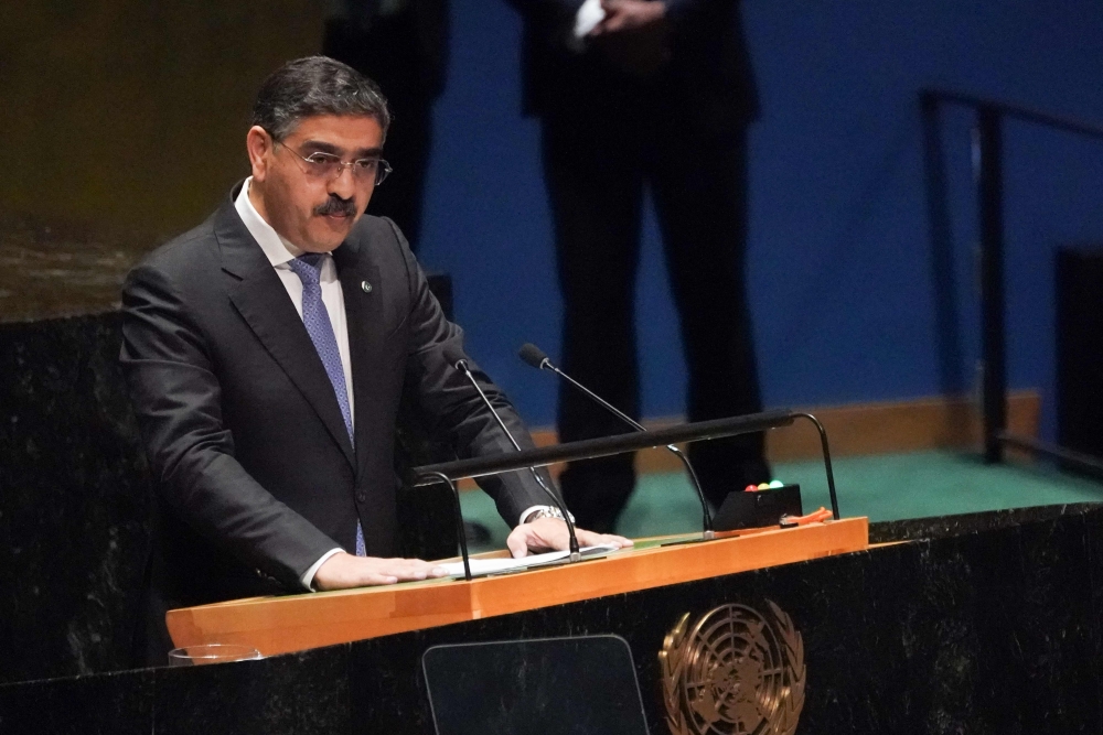 Pakistani Prime Minister Anwaar-ul-Haq Kakar addresses the 78th United Nations General Assembly at UN headquarters in New York City on September 22, 2023. (Photo by Bryan R. Smith / AFP)
 