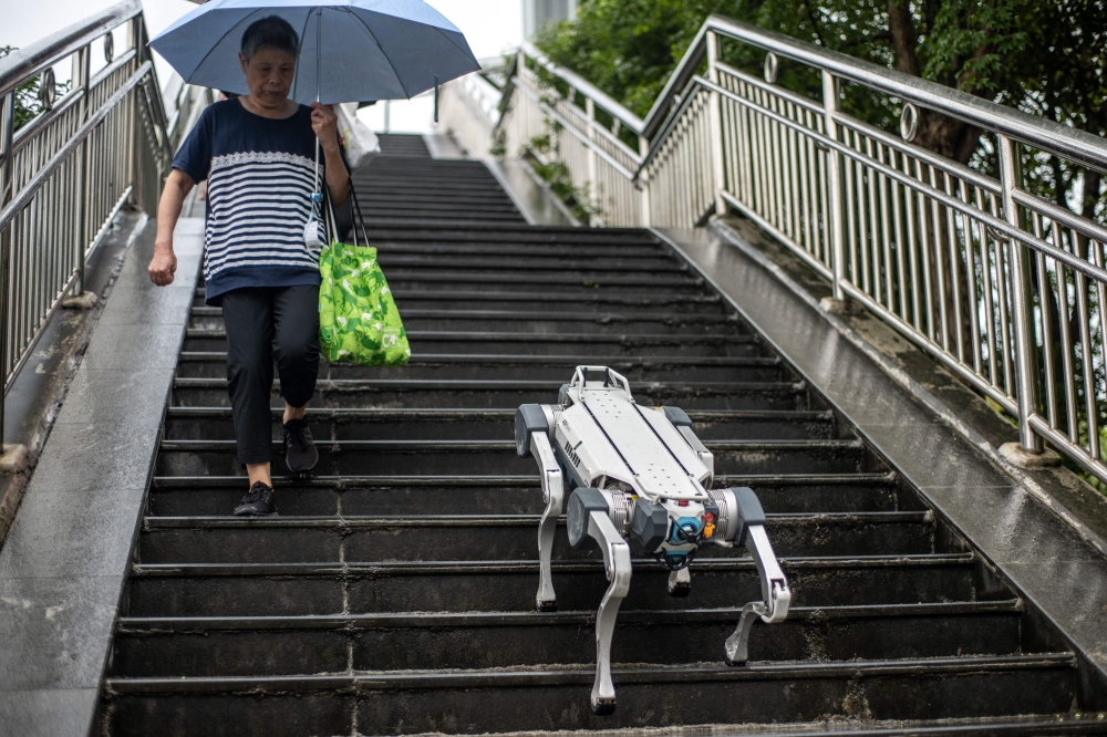 This picture taken on September 22, 2023, shows a demonstration of DEEP Robotics' X30 robot dog walking down steps at the 2022 Asian Games host city Hangzhou. (Photo by Philip Fong / AFP)