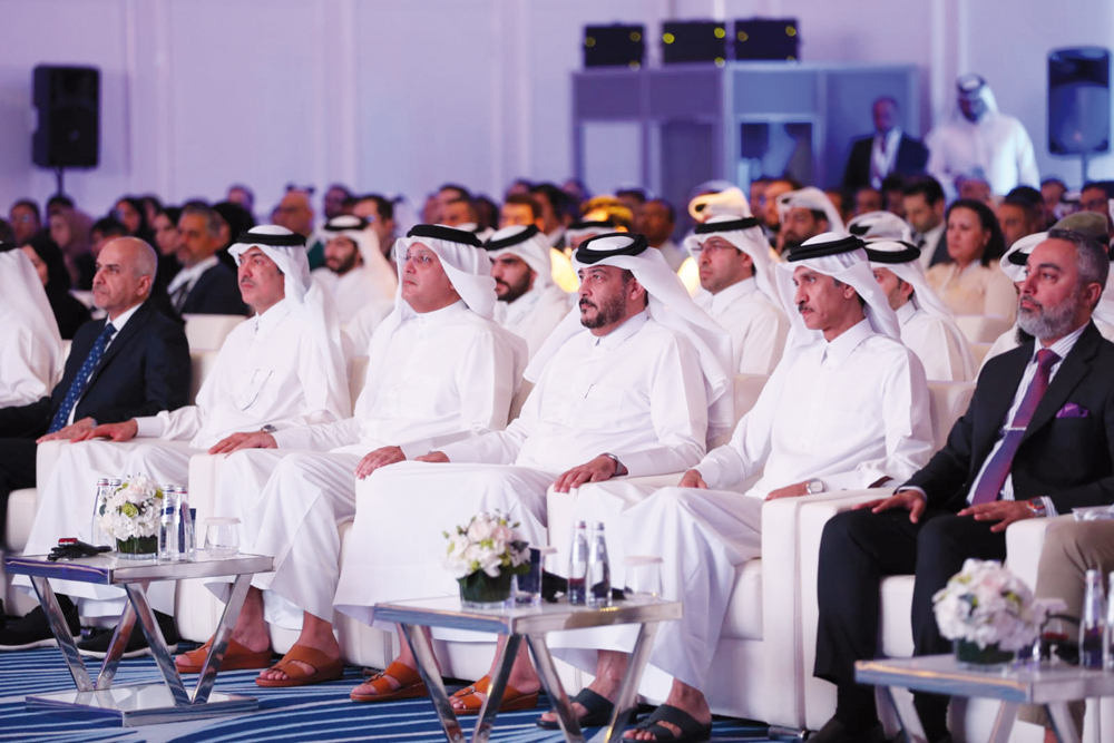 Minister of Communications and Information Technology, H E Mohammed bin Ali Al Mannai (third left); Minister of State and Chairman of the Free Zones Authority, H E Ahmed bin Mohammed Al Sayed (second left); President of NCSA, Engineer AbdulRahman bin Ali Al Farahid Al Malki (third right); and Chairman of the General Authority of Customs (GAC), Ahmed bin Abdullah Al Jamal (second right) during the Qatar Cyber Assurance conference yesterday.