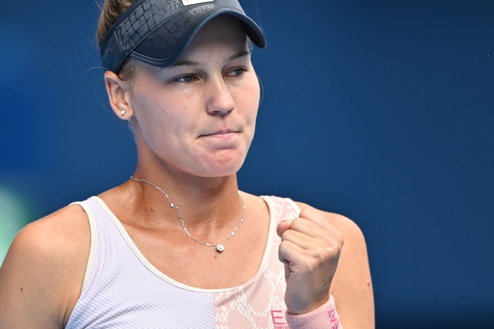 Veronika Kudermetova of Russia celebrates after a point against Jessica Pegula of the US in the women's singles final match on the final day of the Pan Pacific Open tennis tournament in Tokyo on October 1, 2023. Photo by Richard A. Brooks / AFP