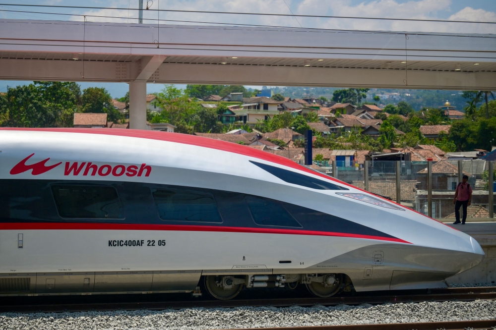 The Jakarta-Bandung high-speed train named 'Whoosh' is seen after the inauguration at Padalarang station in Padalarang, West Java on October 2, 2023. Photo by BAY ISMOYO / AFP