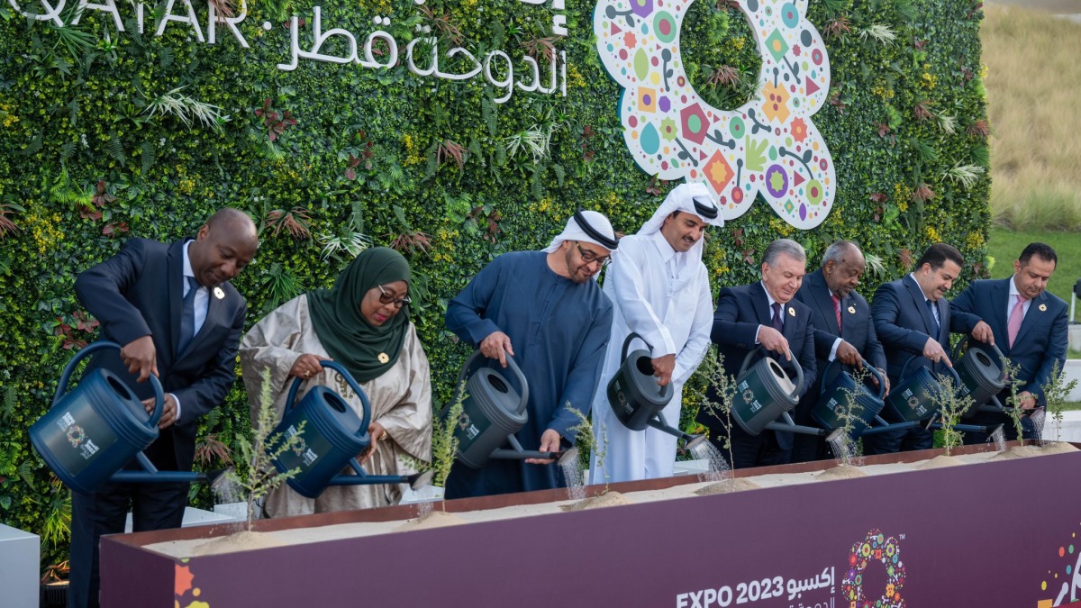 The Amir HH Sheikh Tamim bin Hamad Al Thani with other world leaders and officials during the opening ceremony of the Expo 2023 Doha theatrical presentation themed 'Green Desert, Better Environment' at the exhibition site in Al Bidda Park on October 2, 2023.