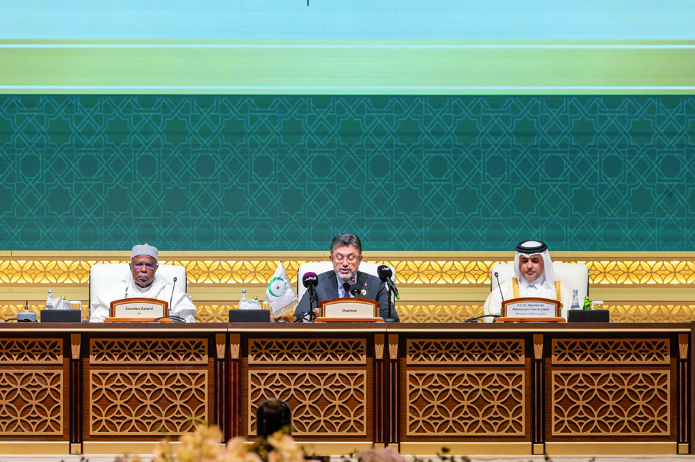Minister of Municipality H E Dr. Abdullah bin Abdulaziz bin Turki Al Subaie (right), Minister of Agriculture and Forestry of Turkiye H E Ibrahim Yumakli (centre) and Secretary-General of Organization of Islamic Cooperation H E Hussein Ibrahim Taha during opening ceremony of 9th Ministerial Conference of OIC in Doha, yesterday.