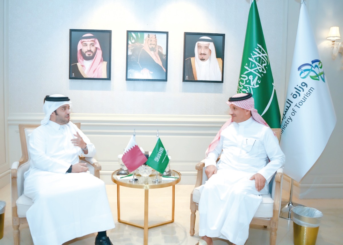 Minister of Tourism of Saudi Arabia H E Ahmed Al Khateeb (right) meeting Deputy Chairman of Qatar Tourism, Saad bin Ali Al Kharji.
