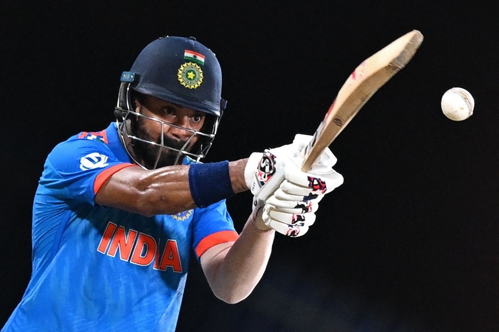 India's KL Rahul plays a shot during the 2023 ICC Men's cricket World Cup one-day international (ODI) match between India and Australia at the MA Chidambaram Stadium in Chennai on October 8, 2023. (Photo by R.Satish Babu / AFP)
