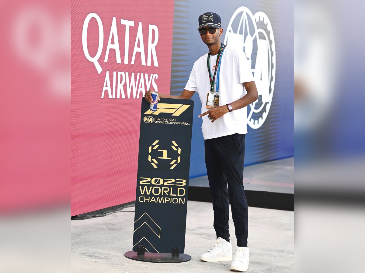 Mutaz Barshim poses for a photo at the Lusail International Circuit Paddock Club on the sidelines of the Formula 1 Qatar Airways Qatar Grand Prix, on Sunday. Pic: Instagram/Mutaz Barshim