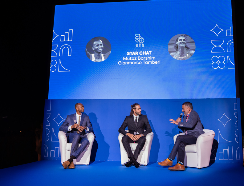 Joint Olympic high jump gold medallists Italy’s Gianmarco Tamberi (centre) and Qatar’s Mutaz Barshim (left) during the Star Chat. 
 