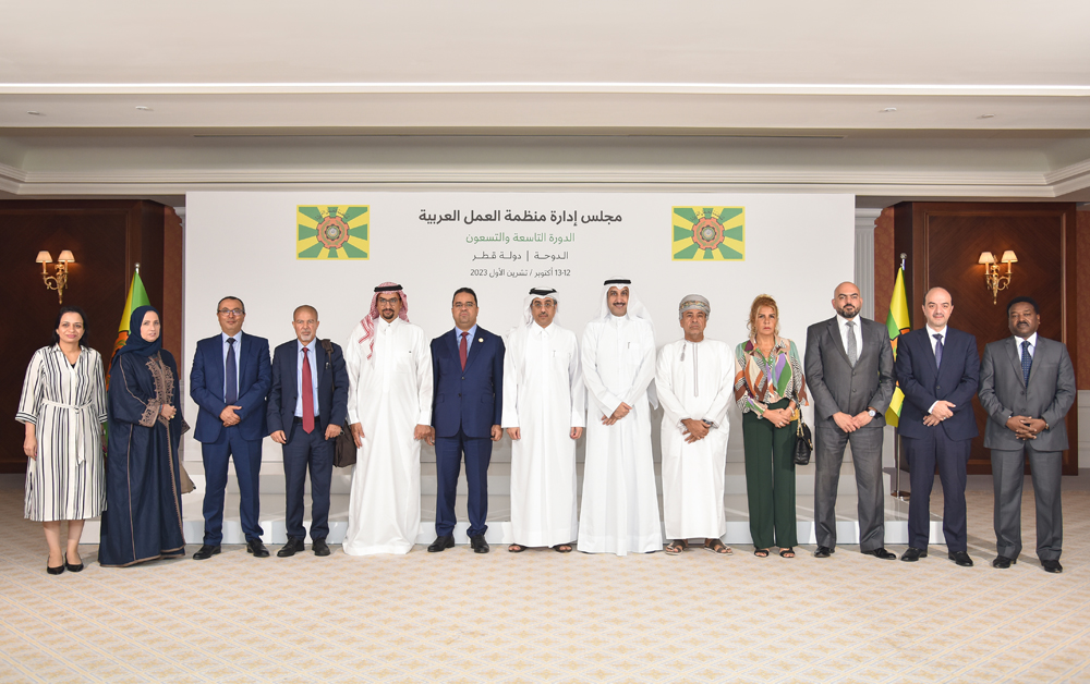 Minister of Labour H E Dr. Ali bin Smaikh Al Marri (centre) with other newly elected senior members of Arab Labour Organization in Doha yesterday. 