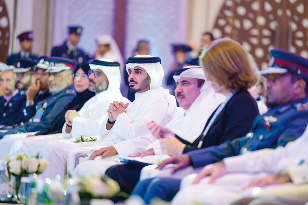 Minister of Interior and Commander of Lekhwiya Force H E Sheikh Khalifa bin Hamad bin Khalifa Al Thani (fourth right); Minister of Transport H E Jassim Saif Ahmed Al Sulaiti (third right); Minister of Public Health H E Dr. Hanan Mohamed Al Kuwari (sixth right); and other dignitaries at the opening of the UN International Search and Rescue Advisory Group (INSARAG) conference in Doha yesterday. 